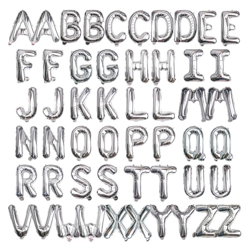[52 PCS] 16" Foil Silver Letter Balloons 2 Sets of A-Z, Mylar Aluminum Hanging Alphabet for Graduation New Year eve Birthday Party Decorations