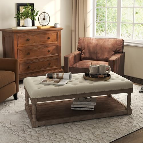Cuzobro Rectangular Upholstered Tufted Linen Fabric Ottoman Bench,Padded Bench with Solid Wood Shelf-Linen,Comes with Storage,Coffee Table,Tufted Living Room Design（Ivory