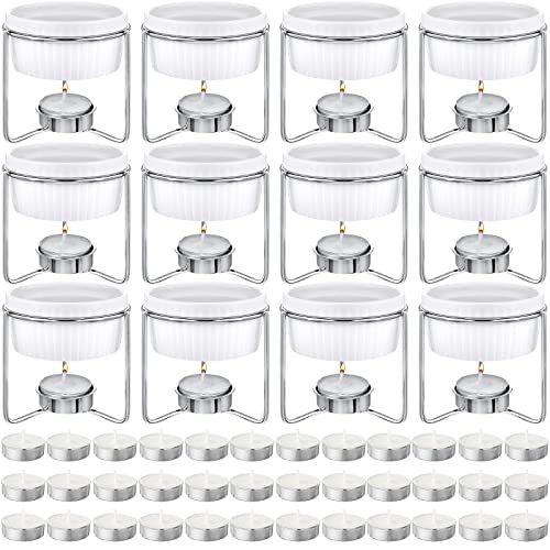 60 Pcs Ceramic Butter Warmers Set, Include 12 Butter Warmers for Seafood Melter with Stands, 48 Tea Light Candles Food Warmer Candle for Fondue Chocolate Dishwasher Microwave Oven Safe