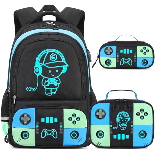 Bevalsa Backpack for School Boys, Cool Luminous Gamer Boys Backpack with Lunch Box & Pencil Case Set for Kids Children Teens Elementary Middle Schools, Schoolbag Bookbag Glow In The Dark (Blue Green)