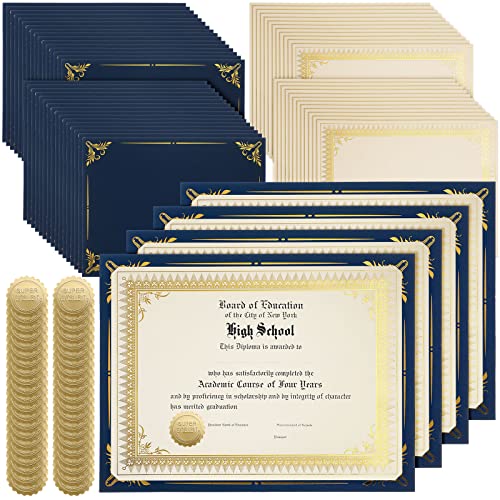Fainne 100 Sets Certificate Paper Kit Single Sided Awards Holder with Foil Border for 8.5 X11 Certificate Covers Foil Award Seals Stickers Diploma Covers(Navy Blue)