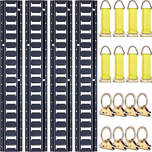 Trekassy 8ft E Track Tie-Down Rail Kit, 4 Pack 8' Etrack Rails with 16PCS E-Track Accessories Including 8 Steel O-Ring Anchors and 8 Rope Tie Offs for Truck Bed, Trailers