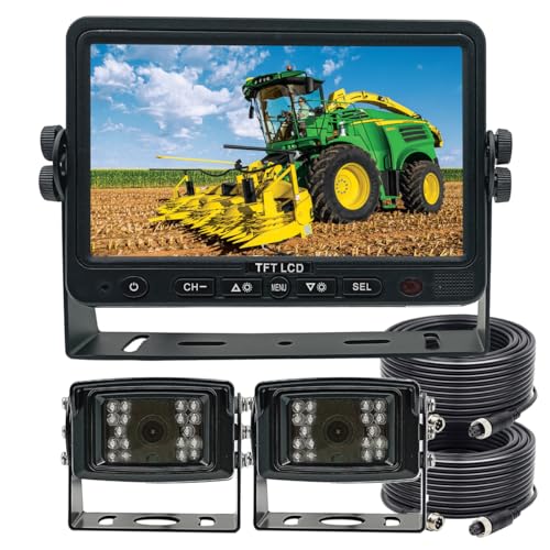 AHD 1080P Wired Monitor Rear View Backup Camera System, 7" Monitor with 2-Camera for Farm Tractor, Truck, RV, Forklift, Heavy Equipment, EXCAVATORS, Skid Steer