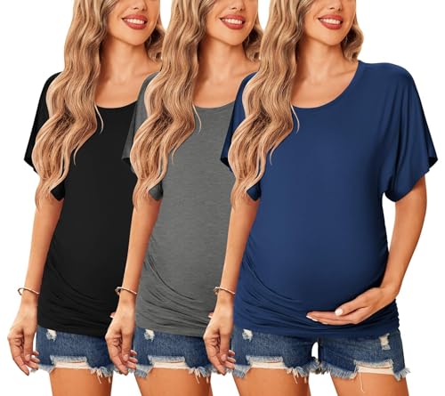 Ekouaer Maternity Shirts 3 Packs Dolman Sleeve Side Ruched Tops Tunic Casual Pregnancy Clothes Black/Navy Blue/Dark Gray XL