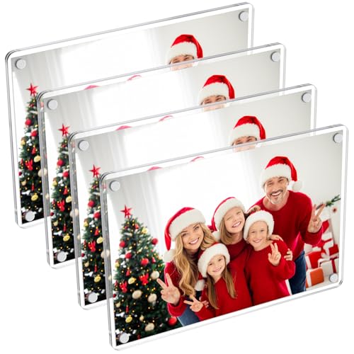 SUNEZLGO 4 Pack- Acrylic Fridge Magnetic Frame, Acrylic Photo Picture Frames, Double Sided Photo Refrigerator Magnet Picture Frame, Clear Picture Display Frame, 6×4 In