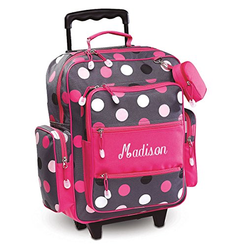 Lillian Vernon Personalized Rolling Luggage for Kids, 5-Pocket Grey Multi-Dots Design Suitcase Set With Clip-On Pouch, Customizable Girls Travel Carrier on Wheels, 20" H x 12" L x 5" W