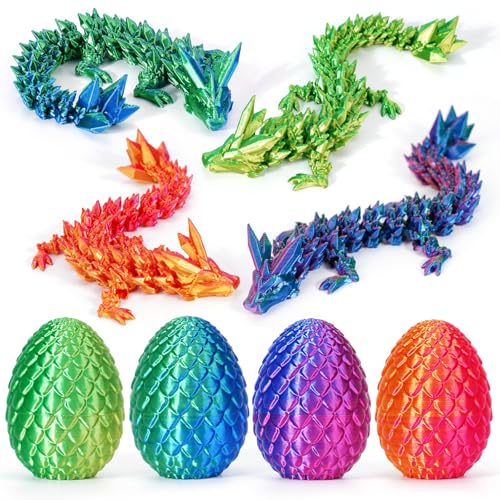 4PCS 3D Printed Easter Dragon Eggs with Dragon Inside, Mini Mystery Dragon Egg Articulated Crystal Dragon Fidget Toy, Surprise 3D Printed Animals Toy Easter Basket Stuffers (4-Piece Set-A)