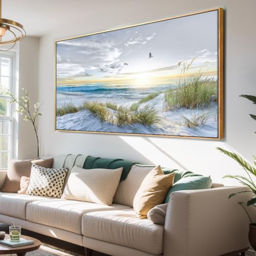 Canvas Prints Wall Art Beach Sunrise Ocean Waves Beach Grass Nature Pictures Stretched Canvas Wooden Framed for living Room Bedroom and Office Home Decor 30"x60" with Framed