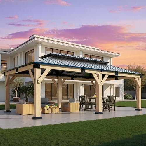 LUXOAK 12x20ft Wood Gazebo,Outdoor Hardtop Gazebo with Metal Roof,Solid Wood Frame, Outdoor Pergola for Backyard,Garden,Gray Brown