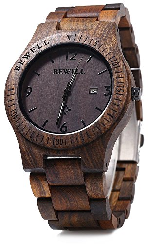 BEWELL ZS-W086B Mens Wooden Watch Lightweight Calendar Analog Quartz Movement Wristwatches, Ebony Wood Dial (FBA)