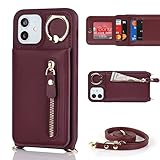 DEYHU for iPhone 12 Case with Card Holder for Women,for iPhone 12 pro case with Strap Credit Card Holders Crossbody with Kickstand Zipper Case for iPhone12/12pro - Red Wine