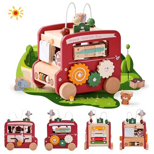 Wooden Activity Cube 8-in-1 Montessori Toys | Multifunctional Early Educational Learning Toys | Wooden Toy for Baby Shape Sorter Xylophone Animal Travel Bus Boy Girl Birthday Gift（Red Bus）