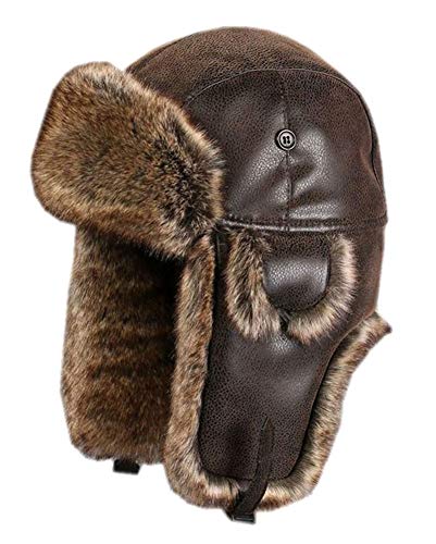 Oncefirst Unisex Aviator Hat Faux Leather Pilot Cap Winter Trapper Hunting Hat Brown XL