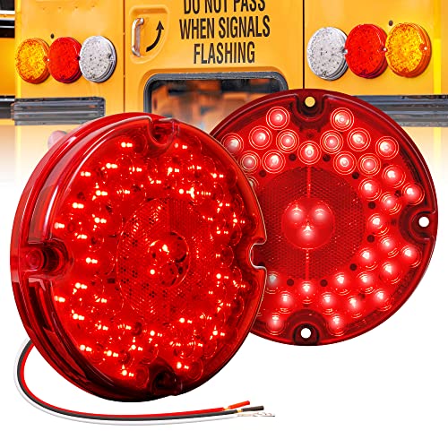 TRUE MODS 2pc 7" Round 47-LED Stop Brake Tail Light For School Bus Transit Vehicle Refuse Hauler [DOT FMVSS-108] [SAE AI6P2S2(3) T] [TBT Turn/Brake/Tail Signal Function] [9-16V DC] Trailer Truck - RED