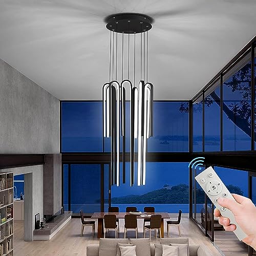 YEGBFLFF ern Led-Beleuchtung, dimmbar mit Fernbedienung, schwarze Pendelleuchte, höhenverstellbar, hängende Deckenleuchte, für Treppenhaus, Foyer, Wohnzimmer mit hoher Decke