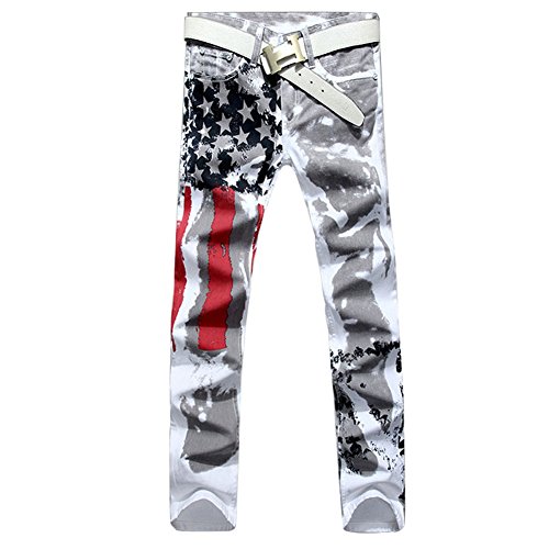 Classlong Men Casual American USA Flag Printed Washed Jeans Pants Mens Graffiti Print White Hip-hop Fashion Jean Slim Fit Trousers (30, White)