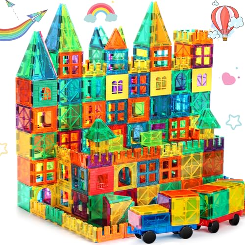 FNJO Magnetic Tiles, 100PCS Building Blocks, Magnets Building Set, STEM Construction Stacking Toy Gift for Kids 3+ Boys and Girls Preschool Kindergarden Toy