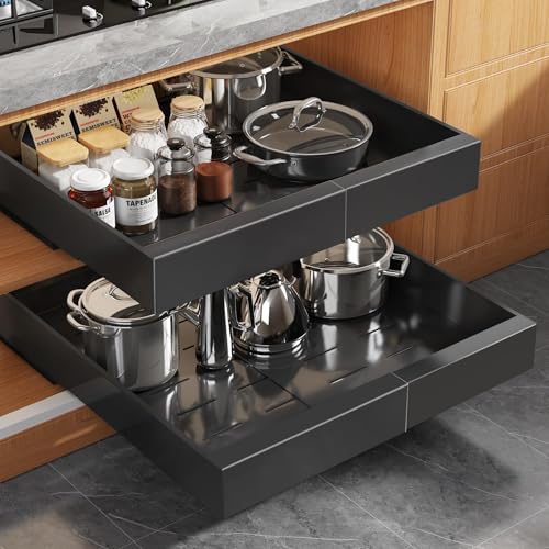 Seinloes 2Pack Expandable Pull Out Cabinet Organizer 21"Deep with Raising Pad for Framed Cabinets, Upgrade 3 Slide Rails Slide Out Drawers, Roll Out Shelves Adhesive,Adjustable Width 12.05"-20.4"Black