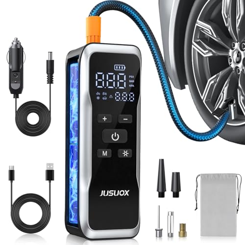 JUSUOX Tire Inflator Portable Air Compressor, Air Pump for Car Tires 150PSI Cordless with Battery and 12V DC, Electric Bike Pump with Pressure Gauge, Auto Shutoff, for Ball, Motorcycle Accessories
