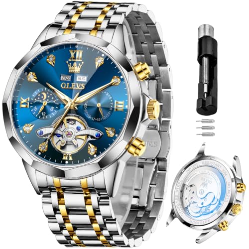 OLEVS Skeleton Men Watches Automatic Business Luxury Diamond Self Winding Watch for Men Stainless Steel Calendar Blue Wrist Watch