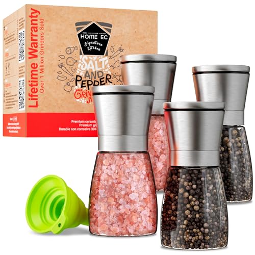 Home EC Original Stainless Steel Sea Salt and Pepper Grinder Set of 4 - Adjustable Ceramic - Glass Salt and Pepper Shakers Mills - Modern Kitchen Spice Mill W/Funnel & EBook