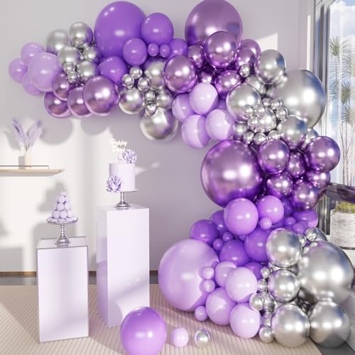 MEBAY Grey Violet Maca Purple Silver Balloons Garland Arch Kit, 146Pcs Latex Balloons Different Sizes 18 12 10 5 Inch for Party Decoration Birthday Wedding Engagements Anniversary Baby Shower