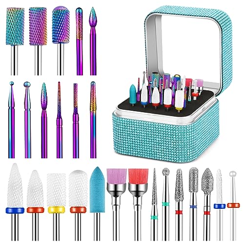 Cellentool 25Pcs Nail Drill Bits Set with Storage Box, 3/32 Inch Tungsten Ceramic Diamond Carbide Nail Drill Bits for Acrylic Gel Polish, Cuticle Efile Remover for Manicure Pedicure