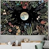 Amhokhui Moonlit Garden Tapestry Moon Tapestry Flower Tapestry Colorful Plants Tapestry Black Tapestry Floral Tapestry Wall Hanging Decor for Room