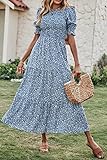 BTFBM Women Casual Summer Dresses 2024 Spring Crew Neck Ruffle Short Sleeve Floral Print Smocked Boho Flowy Maxi Dress(Floral Blue White, Medium)