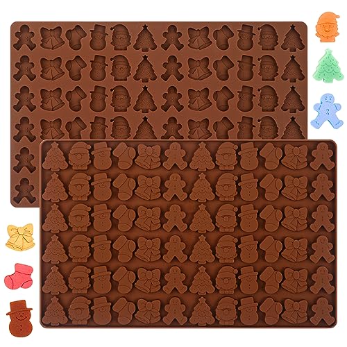 Webake Christmas Silicone Molds, 72-Cavity Mini Molds Shaped with Christmas Tree, Santa Claus, Gingerbread Man for Chocolate, Candy, Fondant, Cupcake Decorations, Gummy, Wax Melt, 2 Pcs