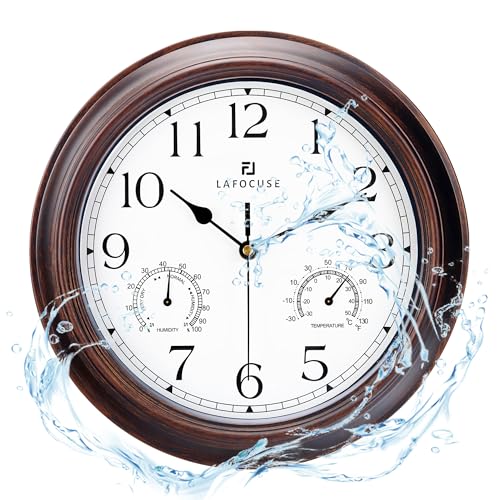 Lafocuse Outdoor Wall Clocks Waterproof with Thermometer for Patio, 12 Inch Hygrometer Wall Clock Silent Battery Operated for Kitchen Bathroom Garage