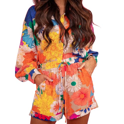 Molilove Women's Summer 2 Piece Outfits Print Button Down Shirt Shorts Pockets Long Sleeve Beach Vacation Going Out Outfits