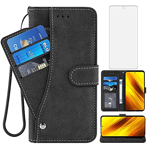 Asuwish Compatible with Xiaomi Poco X3 Pro/PocoX3 NFC/Poco X3 Wallet Case Tempered Glass Screen Protector Flip Credit Card Holder Stand Cell Phone Cover for Mi PocoX3NFC Pocco X 3 3X PocoX3Pro Black