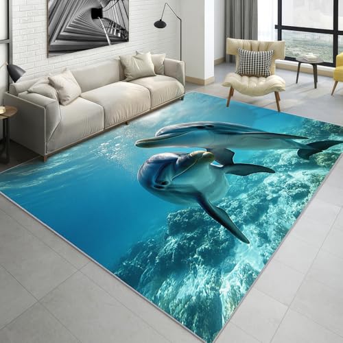 MMYAOKEN Dolphin Rugs for Bedroom - Dolphin Home Decor, Cute Sea Ocean Animal Rugs 5x7, Underwater Area Rug for Living Room Bedroom, Washable Non Slip Rubber Backing, Dolphin Carpet