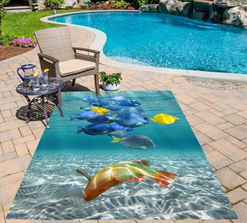 Coastal Waterproof Non Skid Outdoor Patio Rug with Tropical Fish Soft Underwater Washable Outside Rug for Balcony Deck Porch Camping Pool Foyer Carpet Runner Blue 5x7