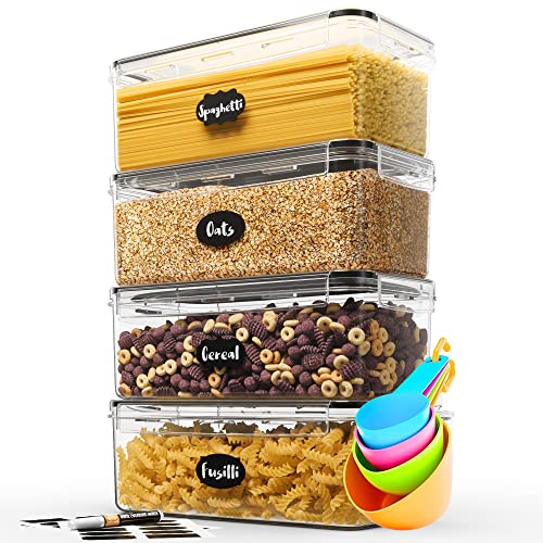 Airtight Food Storage Containers with Lids (Set of 4/3.6 Liters Each), Plastic Spaghetti Container for Pasta & Dry Food Storage, BPA Free Pantry Organizer Set with Kitchen Accessories