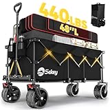 Sekey 48''L Collapsible Foldable Extended Wagon with 440lbs Weight Capacity, Heavy Duty 300L Folding Utility Garden Cart with Big All-Terrain Beach Wheels & Drink Holders. Black