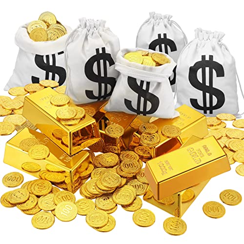 Liliful 100 Pirate Gold Coins, 6 Fake Gold Bar with 6 Canvas Money Bags Replica 6.5 Inch Fake Brick Pirate Costume Party Supplies Treasure Hunt Game Party Favors Movie Prop Money