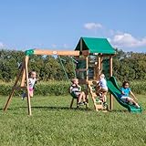 Backyard Discovery Buckley Hill Wooden Swing Set, Made for Small Yards and Younger Children, Two Belt Swings, Covered Mesh Fort with Canopy, Rock Climber Wall, 6 ft Slide Green