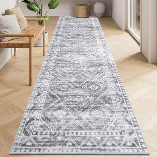 Vaukki Hallway Runner Rug, Soft Low Pile Laundry Rug Runner, Non Slip Entryway Mat, Boho Floor Runner Rug, Washable Kitchen Area Carpet for Hallway, Bathroom and Bedroom (2'6''x8', Grey and White)