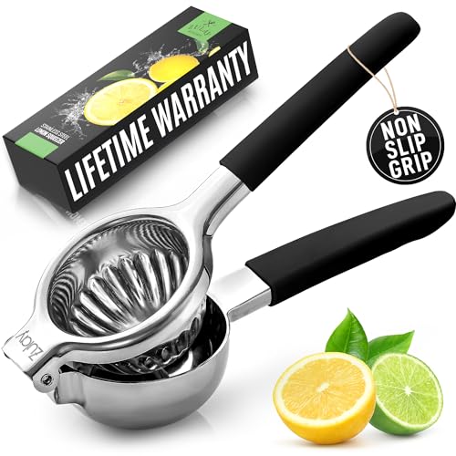 Zulay Lemon Squeezer Stainless Steel with Premium Heavy Duty Solid Metal Squeezer Bowl (Black Grip, Large)