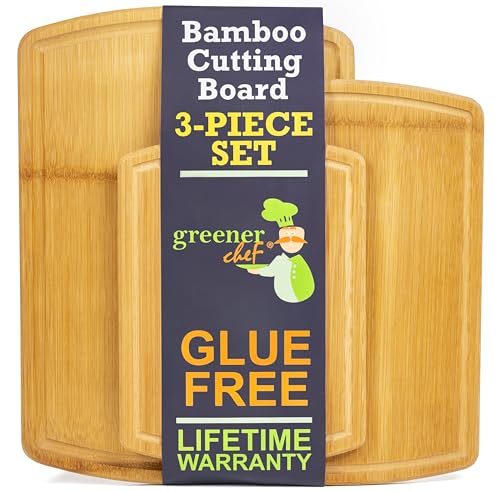 Greener Chef Organic Bamboo Cutting Board Set of 3 – No Glue Design, 62% More Cutting Area, Lifetime Replacements, Family-Friendly Wooden Boards for Kitchen, Meat, Vegetables, and Cheese