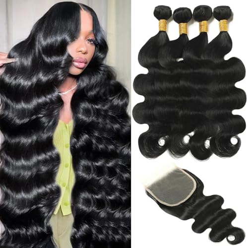 Human Hair Bundles With Closure Body Wave 4 Bundles Human Hair With Closure 12A Unprocessed Brazilian Virgin Hair Quick Weave Human Hair Extensions Free Part (20 22 22 24+20)