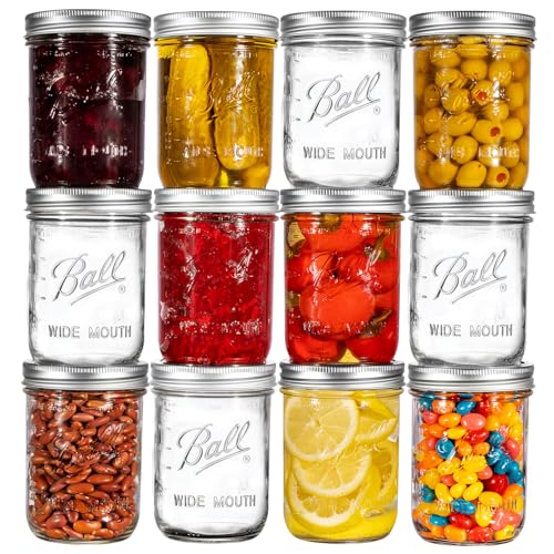 Ball Wide Mouth Mason Jars 16 oz. (12 Pack) - Pint Size Jars with Airtight Lids and Bands for Canning, Fermenting, Pickling, Meal Prep or DIY Decors and Projects Bundled with Peaknip Jar Opener