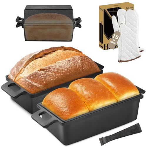 HONGBAKE 2 in 1 Cast Iron Bread Pan with Lid, Lid Lever, Long Oven Mitts, 9x5 Loaf Pans for Homemade Bread, Sourdough Baking Pan, Pre-Seasoned Nonstick Rectangular Dutch Oven, Banana Bread Tins