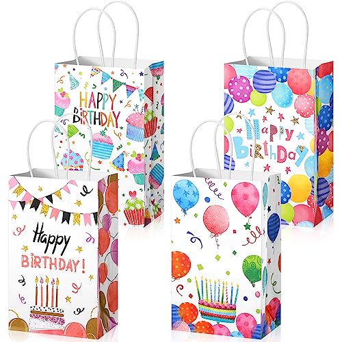Fulmoon 36 Pcs Birthday Gift Bag with Handle Happy Birthday Favor Paper Goodie Bags Balloon Cupcake Print Gift Wrap Colorful Party Supplies