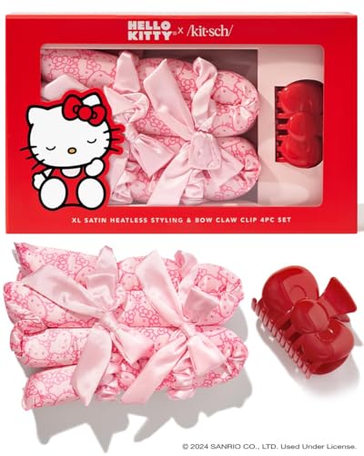 Hello Kitty x Kitsch XL Satin Heatless Curling Set- Hair Curler To Sleep In for Frizz-Free, Soft Curls | Comes with Bow Shape Design Hair Claw and Satin Scrunchies, 4Pc Set