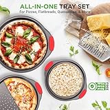 NutriChef 3-Piece Pizza Tray Set with Silicone Handles - Round Nonstick Pizza Pan with Perforated Holes, Durable Carbon Steel, Small, Medium, Large Sizes - Ideal for Crispy, Evenly Baked Pizzas (Gray)