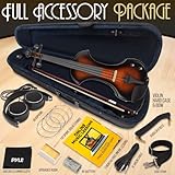 Pyle Full Size Electric Violin, 4/4 Solid Wood Silent Fiddle, with Amplifier Kit, Hard Case, Bow, Ebony Fittings, Digital Tuner, Extra Strings, Rosin