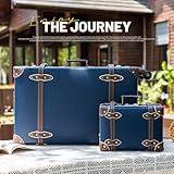 urecity Vintage Luggage Set, 2 Piece Retro Leather Suitcase for Women, Travel Luggage with Spinner Wheels and Beauty Case, Cute Designer Trunk Luggage (Navy Blue, 26"+12")